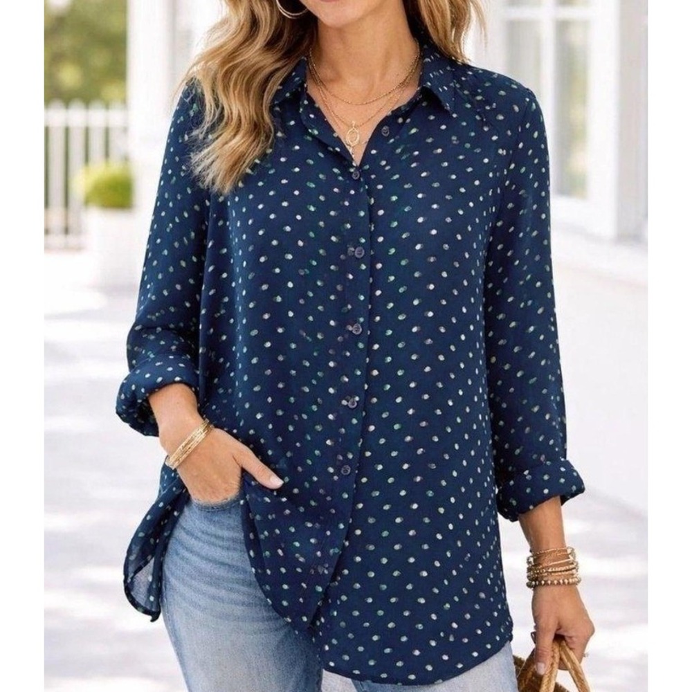 Cabi 5019 Sunday Blouse Navy Blue Green White Dot Button Down Tunic Sz M Office